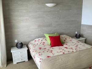a bedroom with a bed with a red pillow and two night stands at La Casita in Pau