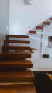 a staircase in a room with wooden steps at Pé na Areia in Póvoa de Varzim