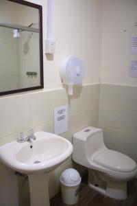y baño con lavabo, aseo y espejo. en Lion Backpackers, en Lima