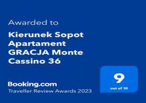 Certifikát, ocenenie alebo iný dokument vystavený v ubytovaní Kierunek Sopot Apartament GRACJA Monte Cassino 36