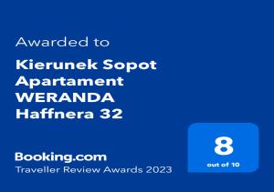 a screenshot of a cell phone with the text awarded to kennett spot apartment warrant at Kierunek Sopot Apartament WERANDA Haffnera 32 in Sopot