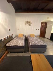 two twin beds in a room with a table at Apartmány Vila Lucia 2 in Pilsen