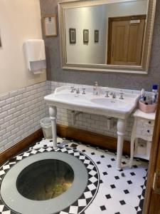 La salle de bains est pourvue d'un lavabo, de toilettes et d'un miroir. dans l'établissement Mason's Arms, à Norham