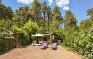 a group of chairs and an umbrella in a yard at Awesome Home In Bordezac With Outdoor Swimming Pool in Bordezac