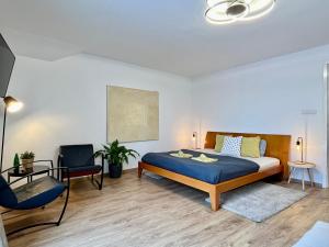 sypialnia z łóżkiem i krzesłem w obiekcie Apartmány Dlouhá w Taborze