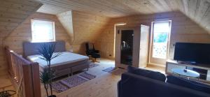 Cette chambre comprend un lit, un canapé et une télévision. dans l'établissement Vila Vilinka & Vila Native Vilinija resort Village, à Podčetrtek