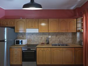kuchnia z drewnianymi szafkami i zlewem w obiekcie 2 bedroom apartment close to children's hospital w Atenach
