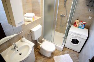 a bathroom with a shower and a toilet and a sink at Apartman "Verde" in Pridraga