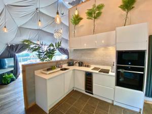 uma cozinha com armários brancos e vasos de plantas em Sunridge Geodome with private Hot tub em Plymouth