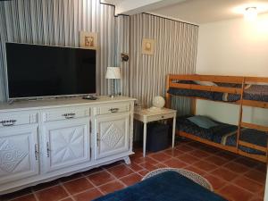 a living room with a television and a bunk bed at Domaine de Sahil in Saint-Romain-sur-Cher