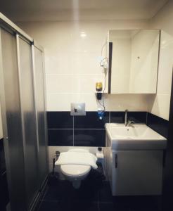 a bathroom with a white toilet and a sink at Rose Suite & Hotel in Büyükçekmece