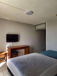 1 dormitorio con 1 cama y TV de pantalla plana en L'Hôtel Du Fleuve en Sinnamary