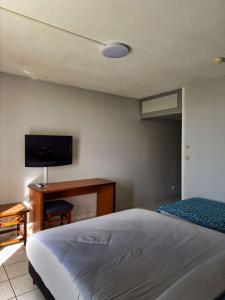 ein Schlafzimmer mit einem Bett und einem Flachbildfernseher in der Unterkunft L'Hôtel Du Fleuve in Sinnamary