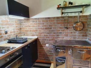 a kitchen with a brick wall and a counter top at Holiday Home Nada in Partizanska Drežnica