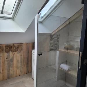 baño con ducha y puerta de cristal en Gîte des Lavandières en Amanlis