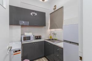 a kitchen with gray cabinets and a white refrigerator at Studio Mélange in Loutraki DT in Loutraki