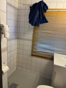 a bathroom with a shower with a toilet and a sink at Camp Skytterhuset in Hammerfest