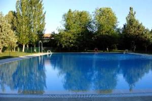 uma piscina com um reflexo de árvores na água em El Molino em Nieva