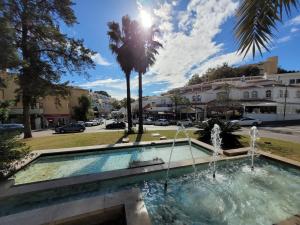 a fountain in a street with a palm tree at "COZY LOFT", TERRACE, PARKING and SWIMMING POOL in Málaga