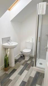 a bathroom with a toilet and a sink and a shower at Kingfisher House by Blue Skies Stays in Stockton-on-Tees