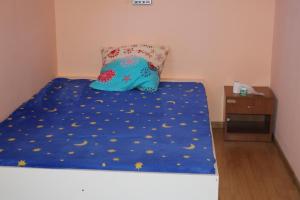 a bed with a blue comforter and a pillow at Brigigyop in Lunca de Sus