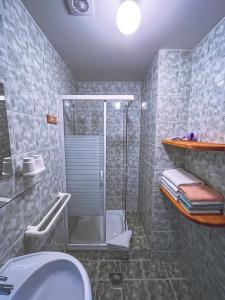 een badkamer met een douche, een wastafel en een toilet bij Eco tourist farm Mikl in Prevalje