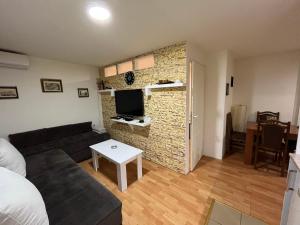 Čarapan في كروشيفاتس: غرفة معيشة مع أريكة وتلفزيون على جدار من الطوب
