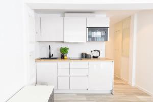 uma cozinha branca com armários brancos e um balcão em Huber Living Single 301 em Germering
