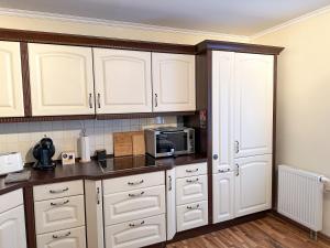 a kitchen with white cabinets and a microwave at Apartement am Schloss Pillnitz in Dresden