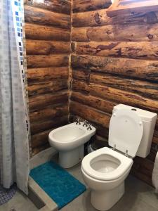 a toilet and a bidet in a bathroom with wooden walls at ALIWWE in Uspallata +14 photos