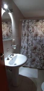 baño con lavabo y cortina de ducha en Cabaña Los Alamos en Dina Huapi