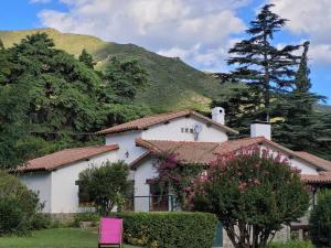 een wit huis met een berg op de achtergrond bij Amplia Casona de Estilo en La Falda in La Falda