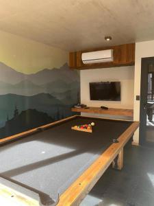 a pool table in a room with a wall with a mountain mural at AIKEN 19 in San Martín de los Andes