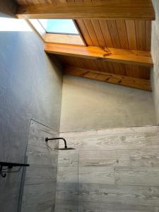 uma casa de banho com uma cabina de duche em vidro e um tecto em madeira em AIKEN 19 em San Martín de los Andes