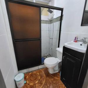 a bathroom with a shower and a toilet and a sink at Casa Congo in Golfito