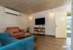 a living room with a couch and a tv at Atnachta BaGilboa in Addirim