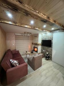ein Wohnzimmer mit einem Sofa und einem Kamin in der Unterkunft Vila Vodice Zlatibor in Vodice
