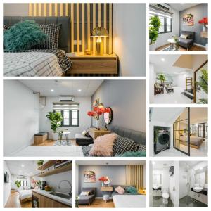 a collage of photos of a bedroom and a living room at Homestay#Hoàn Kiếm#NiceRoom#GoodPrice in Hanoi