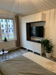 um quarto com uma televisão grande e uma cama em 40 qm Appartment Parkplatz, Balkon,Netflix, Prime em Chemnitz