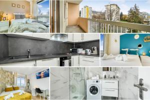 un collage de fotos de una cocina y un dormitorio en HOMEY LA COLOC MUGI - Colocation haut de gamme - Chambres privées - Balcon - Wifi et Netflix - Proche transports commun, en Annemasse