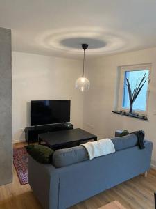 ein Wohnzimmer mit einem blauen Sofa und einem TV in der Unterkunft 3-Zimmer Wohnung mit Top Lage in Gießen