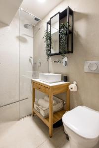 a bathroom with a sink and a shower and a toilet at Old Port Riverside Apartments in City Center in Belgrade