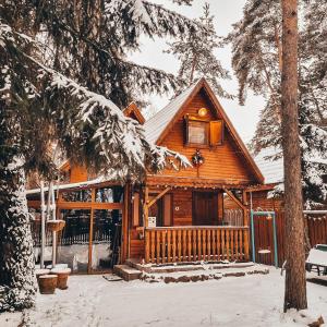 a cabin in the woods with snow on the ground at Tiny Wooden Cottage -Covasna in Reci