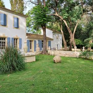 a large boulder sitting in the grass in front of a house at Mas du Versadou, dans un espace naturel protégé, piscine Chauffée, Spa et salle de jeux in Saint-Gilles