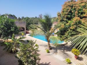 - une vue sur la piscine bordée de palmiers dans l'établissement Auberge Keur Ely, à Ouoran