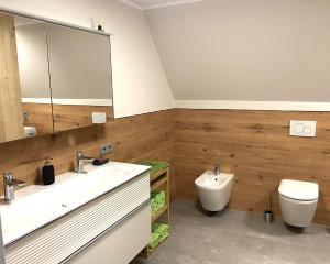 a bathroom with a sink and a toilet at Ferienhaus Mü in Rankwitz