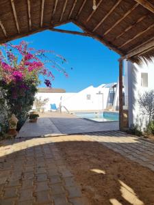 a view of the pool from the patio of a house at Dar Eva in Aghīr