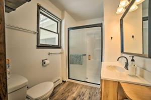 a bathroom with a shower and a toilet and a sink at Houghton Lake Cottage Escape with Patio! in Houghton Lake +27 photos