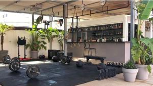 un gimnasio con pesas y muchas plantas en APARTAMENTOS SA VARADERO FRONTE MAR ESPUJOLS, en Es Pujols
