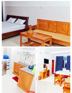 2 immagini di una camera da letto con un letto e un tavolo di Minh Quân hotel a Vung Tau
